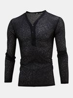 Mens Breathable Buttons Half-cardigan Solid Color V-neck Long Sleeve Thin Casual T-shirt
