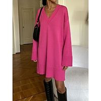 Women's Casual Dress Sweater Dress Sheath Dress Midi Dress Warm Pure Color Outdoor Casual Daily Going out V Neck Long Sleeve 2023 Loose Fit Black Rose Red S M L Lightinthebox - thumbnail