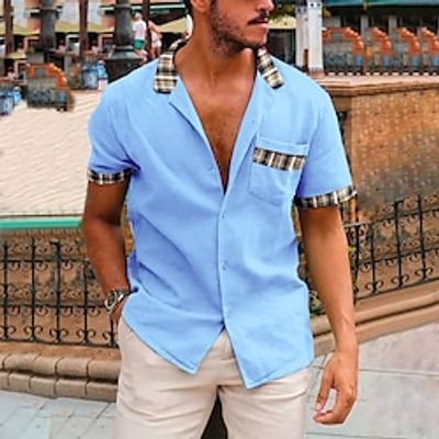 Men's Shirt Button Up Shirt Casual Shirt Summer Shirt Beach Shirt White Blue Green Gray Short Sleeve Color Block Lapel Daily Vacation Front Pocket Clothing Apparel Fashion Casual Comfortable miniinthebox