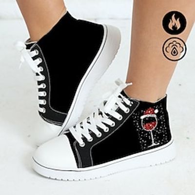 Women's Shoes Xmas Christmas Santa Hat Red Wine Glass Graphic Print Plush Warm Lace Up High Top Flats Lightinthebox