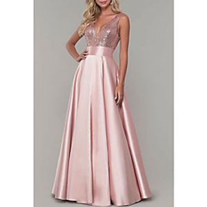 A-Line Sparkle Prom Formal Evening Dress V Neck Sleeveless Floor Length Satin with Pleats Sequin 2021 miniinthebox