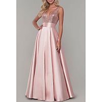 A-Line Sparkle Prom Formal Evening Dress V Neck Sleeveless Floor Length Satin with Pleats Sequin 2021 miniinthebox - thumbnail