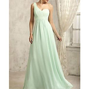 A-Line One Shoulder Floor Length Chiffon Bridesmaid Dress with Pleats miniinthebox