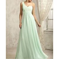 A-Line One Shoulder Floor Length Chiffon Bridesmaid Dress with Pleats miniinthebox - thumbnail