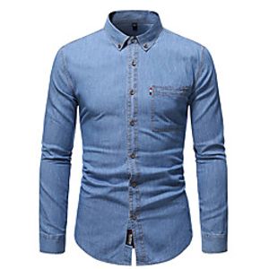 Men's Shirt Other Prints Solid Color Long Sleeve Casual Tops 100% Cotton Business Lightweight Blue Light Blue Lightinthebox