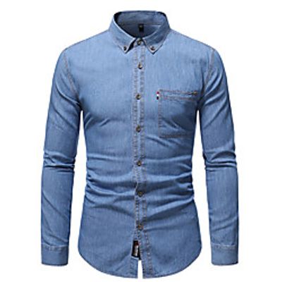 Men's Shirt Other Prints Solid Color Long Sleeve Casual Tops 100% Cotton Business Lightweight Blue Light Blue Lightinthebox