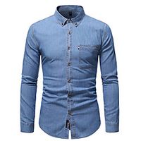 Men's Shirt Other Prints Solid Color Long Sleeve Casual Tops 100% Cotton Business Lightweight Blue Light Blue Lightinthebox - thumbnail