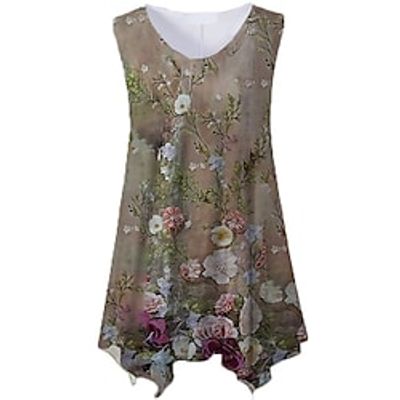 Women's Plus Size Tops Tank Top Floral Print Sleeveless Crewneck Streetwear Daily Holiday Cotton Spandex Jersey Spring Summer Brown Beige miniinthebox