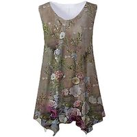 Women's Plus Size Tops Tank Top Floral Print Sleeveless Crewneck Streetwear Daily Holiday Cotton Spandex Jersey Spring Summer Brown Beige miniinthebox - thumbnail