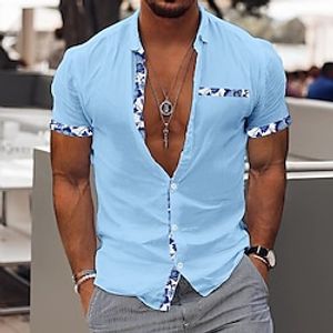 Men's Shirt Linen Shirt Button Up Shirt Casual Shirt Summer Shirt Beach Shirt White Pink Blue Short Sleeve Color Block Lapel Summer Casual Daily Clothing Apparel Patchwork Lightinthebox