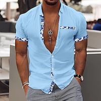 Men's Shirt Linen Shirt Button Up Shirt Casual Shirt Summer Shirt Beach Shirt White Pink Blue Short Sleeve Color Block Lapel Summer Casual Daily Clothing Apparel Patchwork Lightinthebox - thumbnail