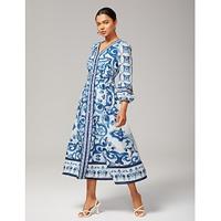 Women's Blue and White Porcelain Print Maxi Dress V Neck Placement Print Elegant Stylish Casual Waist Slim Fit Daily Fall