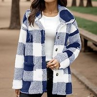 Women's Fleece Jacket Warm Sherpa Jacket with Pocket Plaid Teddy Coat Turndown Plush Casual Street Outerwear Long Sleeve Fall Winter Black Lightinthebox - thumbnail