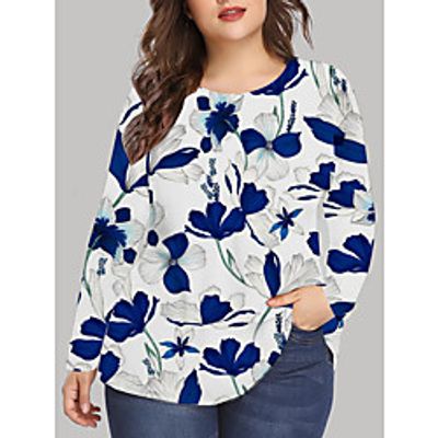 Women's Plus Size Print Graphic Floral T shirt Large Size Crewneck Long Sleeve Basic Tops XL XXL 3XL Blue Big Size Lightinthebox