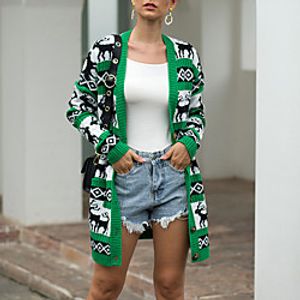 Women's Cardigan Sweater Knitted Button Color Block Animal Stylish Christmas Long Sleeve Sweater Cardigans V Neck Fall Winter Blue Gray Green / Going out miniinthebox