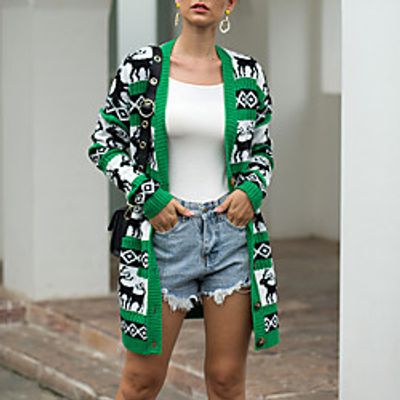 Women's Cardigan Sweater Knitted Button Color Block Animal Stylish Christmas Long Sleeve Sweater Cardigans V Neck Fall Winter Blue Gray Green / Going out miniinthebox