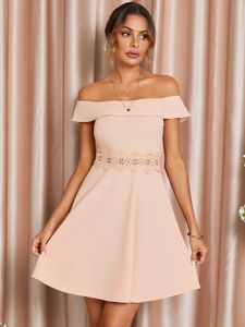 YOINS Lace Insert Off The Shoulder Short Sleeves Mini Dress