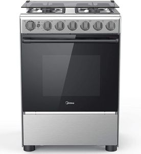 Midea 60x60cm Freestanding Cooker, Full Gas Cooking Range with 4 Burners, Automatic Ignition & Safety, Cast Iron Pan Support, Stainless Steel Finish, Separate Knob for Oven Grill - BME62058FFD