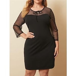 Women's Plus Size Casual Sweater Dress Black Sweater Dress Color Block Midi Sweater Dress Long Sleeve Lace up Mesh Crew Neck Fashion Outdoor Black Summer Spring L XL XXL 3XL 4XL Lightinthebox