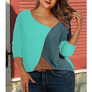 Women's Plus Size Tops Color Block Long Sleeve Crew Neck Spring Summer White Blue Red Big Size XL XXL 3XL 4XL miniinthebox