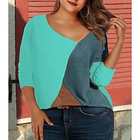 Women's Plus Size Tops Color Block Long Sleeve Crew Neck Spring Summer White Blue Red Big Size XL XXL 3XL 4XL miniinthebox - thumbnail
