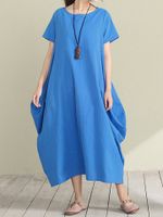 O-NEWE Loose Women Solid Short Sleeve Pockets Irregular Dress