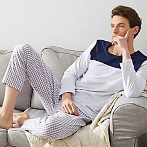 Men's Check Pattern Patchwork Plaid Polyester Loungewear Suits Casual Pajamas Scoop Neck Home M 1  Long Sleeve Lightinthebox