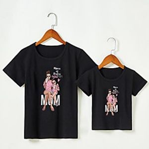 Mommy and Me Tops Cartoon Letter Print Gray White Black Short Sleeve Cute Matching Outfits Lightinthebox