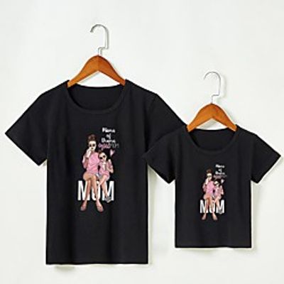 Mommy and Me Tops Cartoon Letter Print Gray White Black Short Sleeve Cute Matching Outfits Lightinthebox