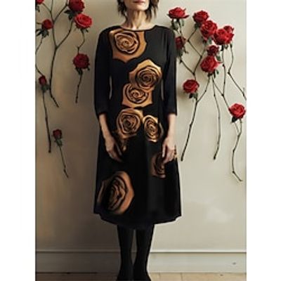 Women's Casual Dress T Shirt Dress Tee Dress Floral Rose Print Ruched Crew Neck Midi Dress Elegant Vintage Valentine's Day Date 34 Length Sleeve Regular Fit Yellow Spring S M L XL XXL Lightinthebox