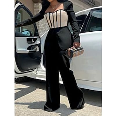 Women's Jumpsuit High Waist Color Block Square Neck Active Daily Vacation Wide Leg Slim Long Sleeve Black White Wine S M L Fall miniinthebox