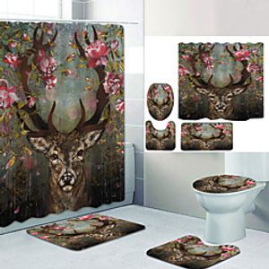 Antler Plum Digital Printing Four-piece Set Shower Curtains and Hooks Modern Polyester Machine Made Waterproof Bathroom Lightinthebox