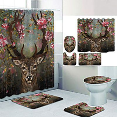 Antler Plum Digital Printing Four-piece Set Shower Curtains and Hooks Modern Polyester Machine Made Waterproof Bathroom Lightinthebox