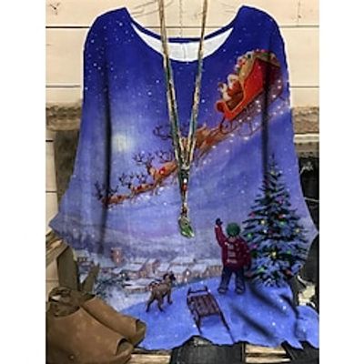 Women's Plus Size Christmas Tops Blouse Shirt Santa Claus Sunflower Print Long Sleeve Crewneck Casual Daily Polyester Winter Fall Blue Royal Blue Lightinthebox