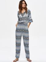 Women Printed 3/4 Sleeve Printed Elastic Waist Full Length Jumpsuits