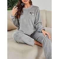 Women's Fleece Pajamas Sets Animal Cartoon Warm Plush Casual Comfort Home Bed Flannel Breathable Lapel Long Sleeve Shirt Pant Pocket Fall Winter Gray Lightinthebox - thumbnail