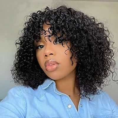 Remy Human Hair Wig Medium Length Loose Wave With Bangs Natural Black Machine Made Vietnamese Hair Women's Black 10 inch 12 inch 14 inch Valentine's Day Daily Wear Birthday Lightinthebox