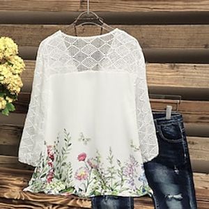 Women's Plus Size Tops Blouse Shirt Floral Print 3/4 Length Sleeve V Neck Streetwear Daily Vacation Polyester Spring Summer White miniinthebox