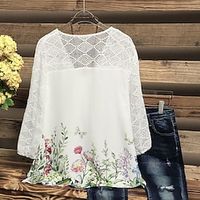 Women's Plus Size Tops Blouse Shirt Floral Print 3/4 Length Sleeve V Neck Streetwear Daily Vacation Polyester Spring Summer White miniinthebox - thumbnail