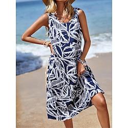 Women's Casual Dress Tank Dress Summer Dress Leaf Tropical Print Crew Neck Midi Dress Stylish Daily Date Sleeveless Summer Lightinthebox