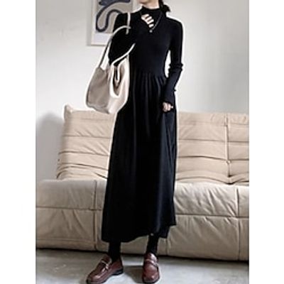 Women's Sweater Dress Jumper Dress Winter Dress Midi Dress Fashion Pure Color Outdoor Casual Daily Holiday Turtleneck Long Sleeve Patchwork 2023 Regular Fit Black Apricot One Size Lightinthebox