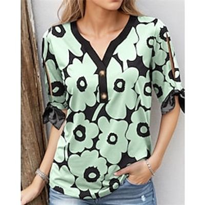 Women's T shirt Tee Henley Shirt Leaf Black Pink Green Print Button Cut Out Short Sleeve Casual Holiday Fashion V Neck Regular Fit Spring  Summer Lightinthebox