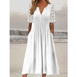 Women's Casual Dress Lace Dress Summer Dress Plain Lace Ruched V Neck Midi Dress Active Fashion Outdoor Date Short Sleeve Regular Fit White Summer Spring S M L XL XXL Lightinthebox