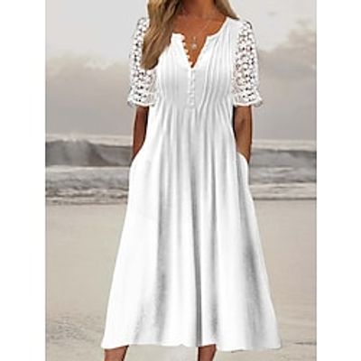 Women's Casual Dress Lace Dress Summer Dress Plain Lace Ruched V Neck Midi Dress Active Fashion Outdoor Date Short Sleeve Regular Fit White Summer Spring S M L XL XXL Lightinthebox