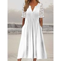 Women's Casual Dress Lace Dress Summer Dress Plain Lace Ruched V Neck Midi Dress Active Fashion Outdoor Date Short Sleeve Regular Fit White Summer Spring S M L XL XXL Lightinthebox - thumbnail