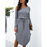 Women's Loose Knee Length Dress Blue Fuchsia khaki Green Light Grey Black Dark Gray Long Sleeve Solid Color Modern Style Fall Winter Off Shoulder Casual 2021 S M L XL miniinthebox - thumbnail