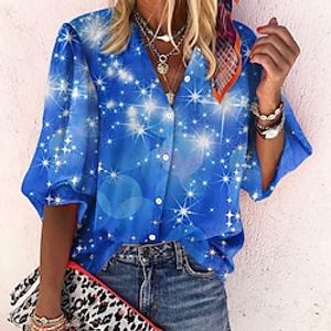 Women's Shirt Blouse Red Blue Light Blue Galaxy Sparkly Button Print Long Sleeve Daily Weekend Streetwear Casual Standing Collar Regular S miniinthebox