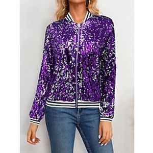 Women's Casual Jacket Windproof Warm Party Vacation Sequin Zipper Stand Collar Fashion Modern Street Style Sparkly Regular Fit Outerwear Long Sleeve Fall Winter Black Red Blue S M L XL XXL Lightinthebox
