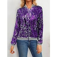 Women's Casual Jacket Windproof Warm Party Vacation Sequin Zipper Stand Collar Fashion Modern Street Style Sparkly Regular Fit Outerwear Long Sleeve Fall Winter Black Red Blue S M L XL XXL Lightinthebox - thumbnail