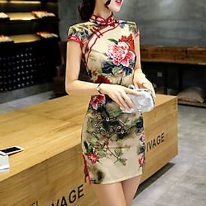 Women's Bodycon Sheath Dress Cheongsam Dress Mini Dress Pink Green Beige Short Sleeve Floral Embroidered Spring Summer Mandarin Collar Elegant Weekend 2023 S M L XL XXL 3XL miniinthebox